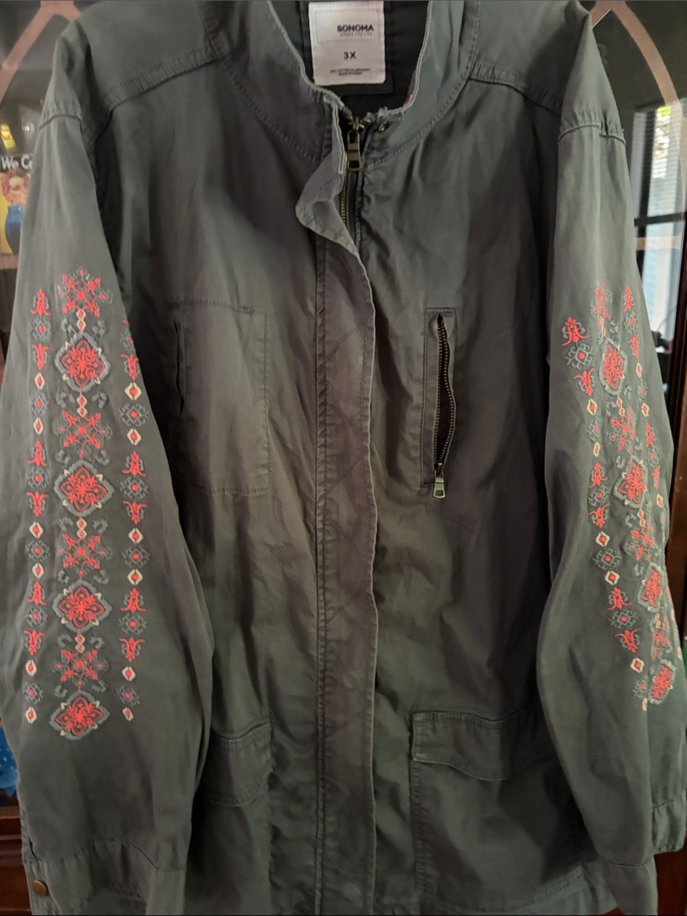 Sonoma Gray Utility Jacket with Coral Embroidered Sleeves